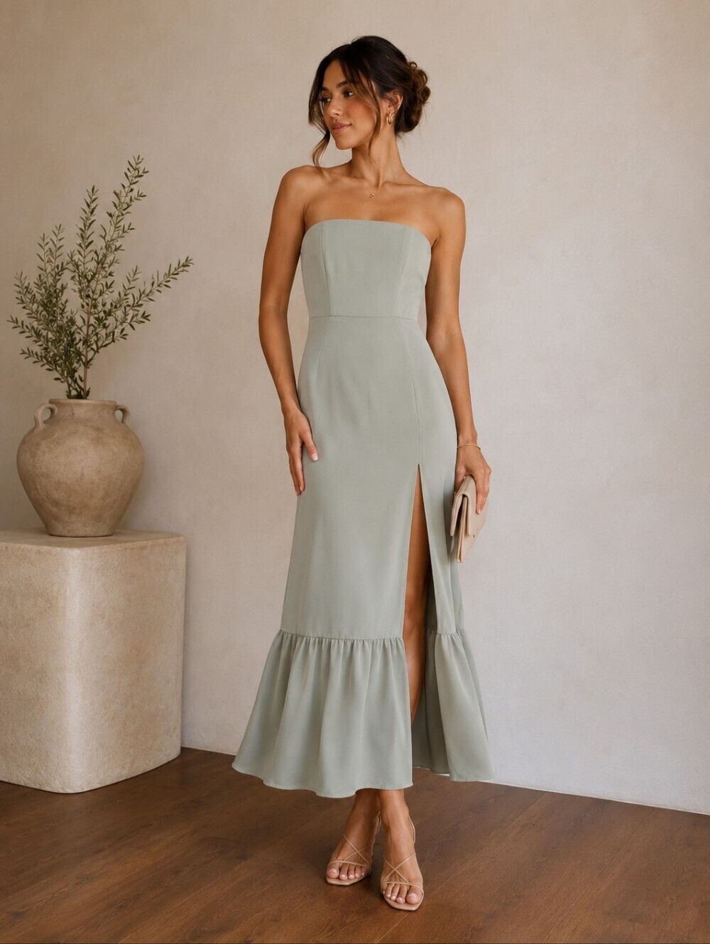 Park & Fifth Shaw Dress XL True Sage Strapless Ruffle Hem Maxi Gown NWT